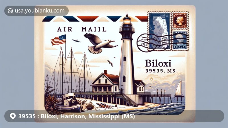 Modern illustration of ZIP code 39535 area in Biloxi, Harrison County, Mississippi, featuring Biloxi Lighthouse on an air mail envelope with state flag, stamps, and postmark.