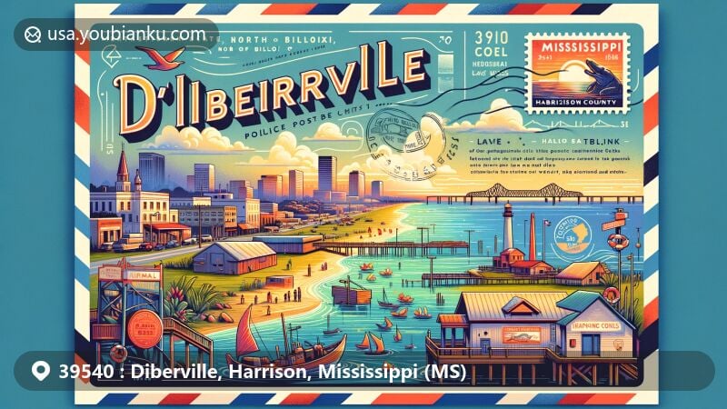 Modern illustration of D'Iberville, Harrison County, Mississippi, featuring coastal charm and postal heritage with ZIP code 39540, showcasing geographical location next to water, fishing boats, Lava Links, and post-Hurricane Katrina recovery.