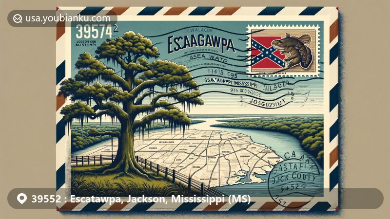 Modern illustration of Escatawpa, Mississippi, featuring postal theme with ZIP code 39552, showcasing Pascagoula River backdrop, Mississippi state flag, and vintage-style postal envelope revealing postcard with Jackson County map, moss-covered oak tree, and traditional postal elements.
