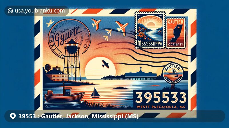 Modern illustration of Gautier, Mississippi, in Jackson County, ZIP code 39553, featuring the Mississippi Sound, West Pascagoula River, and sunset over water, incorporating postal themes like vintage airmail envelope, stamps with state symbols, and '39553' ZIP code.