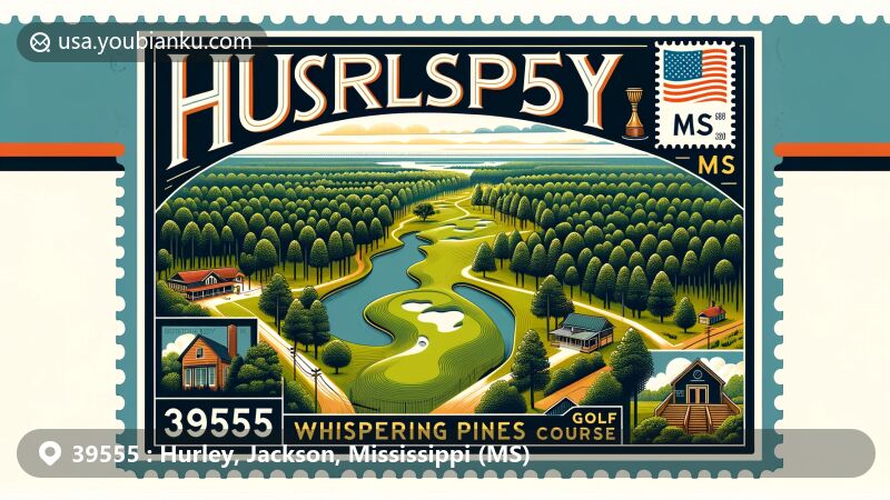 Modern illustration of Hurley, Jackson County, Mississippi, featuring Whispering Pines Golf Course and postal theme with ZIP code 39555, showcasing vibrant community and lush greenery.