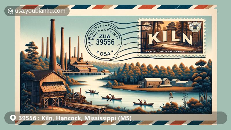 Modern illustration of Kiln, Hancock County, Mississippi, showcasing postal theme with ZIP code 39556, featuring timber industry, Jourdan River Blueway Trail, and Mississippi state flag.