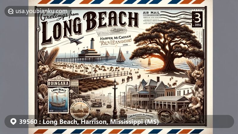 Modern illustration of Long Beach, Mississippi, highlighting ZIP code 39560, featuring iconic landmarks like Friendship Oak and Long Beach Harbor, set against subtropical backdrop with vibrant community life.
