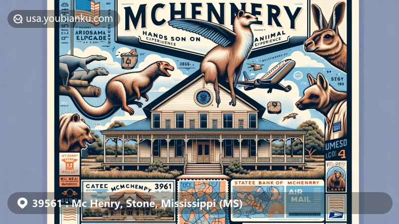 Modern illustration of McHenry, Mississippi with postal theme and ZIP code 39561, featuring George A. McHenry House, Wild Acres Hands On Animal Experience, State Bank of McHenry (circa 1910), and classic postal motifs.