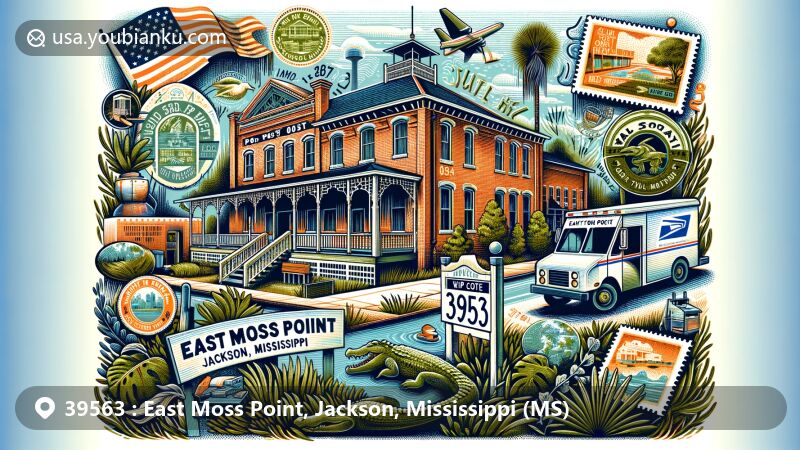 Modern illustration of East Moss Point, Jackson, Mississippi, focusing on ZIP code 39563, with Old Moss Point Post Office, Spanish moss, Gulf Coast Gator Ranch, vintage postal elements, and vibrant regional artistry.