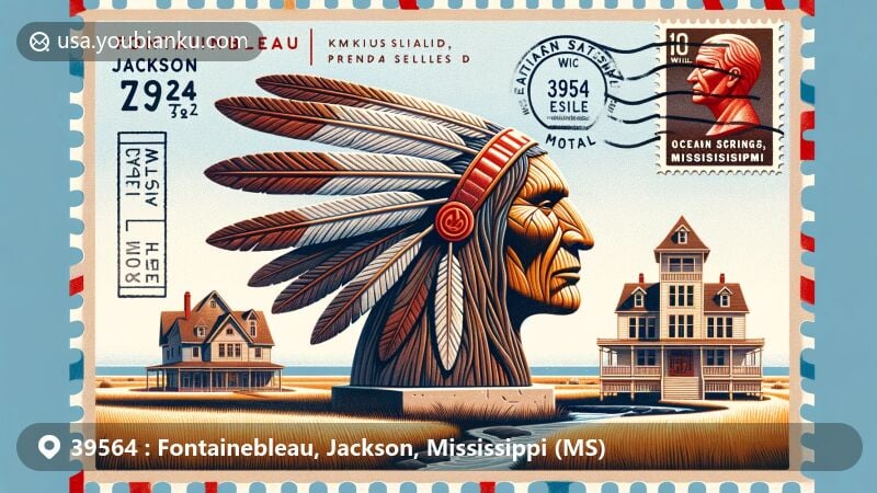 Modern illustration of Fontainebleau, Jackson, Mississippi, featuring Crooked Feather Sculpture and Charnley-Norwood House, with elements of Fontainebleau Nature Trail and postal themes.