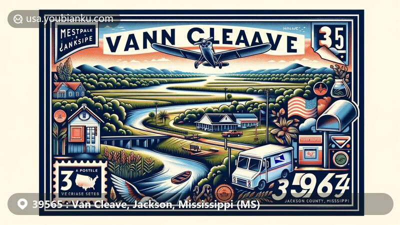 Modern illustration of Vancleave, Jackson County, Mississippi, highlighting ZIP code 39565, featuring picturesque landscape with lush greenery, bodies of water, and postal theme. Art includes vintage airmail envelope, postage stamp, mailbox, postal truck, and Mississippi state flag.