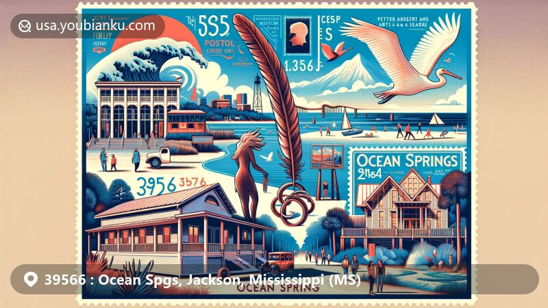 Modern illustration of Ocean Springs, Mississippi, highlighting postal theme with ZIP code 39566, featuring Crooked Feather Sculpture, Walter Anderson Museum of Art, and Gulf Islands National Seashore.