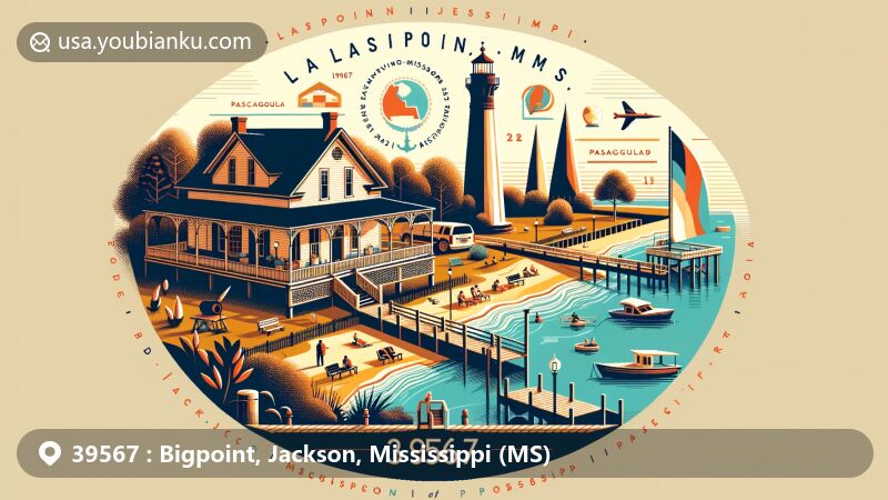 Modern illustration of Bigpoint, Jackson, Mississippi, highlighting LaPointe-Krebs House & Museum, Pascagoula River, Beach Park, and Round Island Lighthouse. Capturing historical architecture, scenic river views, beachside leisure, and maritime heritage.