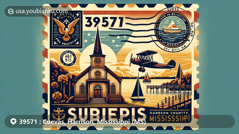 Modern illustration of Cuevas, Harrison County, Mississippi, highlighting ZIP code 39571 with vintage air mail envelope, Pineville Presbyterian Church silhouette, Mississippi state flag, and Gulf of Mexico waters.
