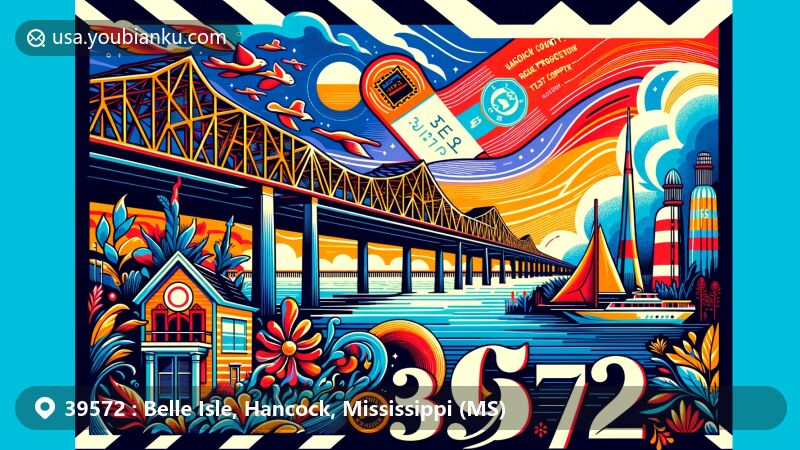 Modern illustration of Belle Isle, Hancock County, Mississippi, featuring ZIP code 39572, showcasing regional recovery post-hurricane, the Gulf Coast, Rocket Propulsion Test Complex, local flora/fauna, and French & African cultural influences.
