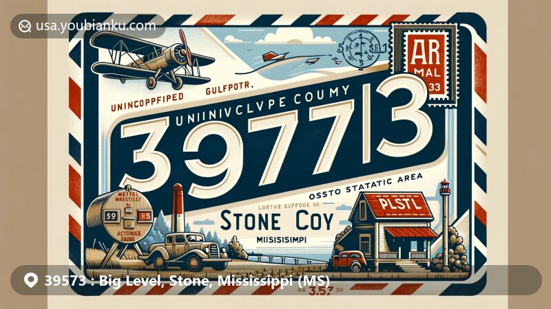 Modern illustration of Big Level, Stone County, Mississippi, showcasing postal theme with ZIP code 39573, featuring fertile agricultural lands, nods to Gulfport-Biloxi area, and postal system elements.