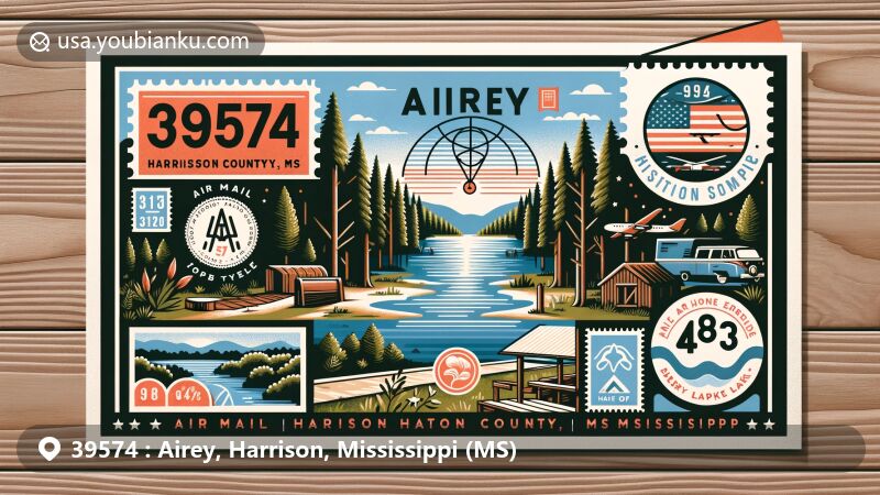 Modern illustration of Airey, Harrison County, Mississippi, featuring vibrant air mail theme with ZIP code 39574, showcasing De Soto National Forest and Airey Lake.