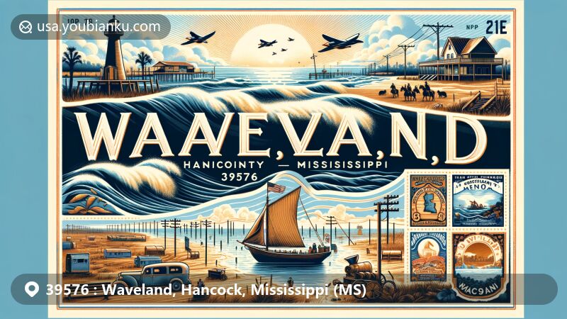 Modern illustration of Waveland, Hancock County, Mississippi, featuring Gulf of Mexico view, Buccaneer State Park, and postal-themed elements, symbolizing coastal location and community resilience.