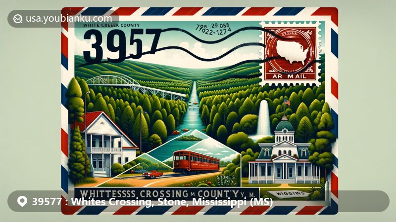 Modern illustration of Whites Crossing, Stone County, Mississippi, highlighting postal theme with ZIP code 39577, featuring Stone County Courthouse and Flint Creek Water Park.