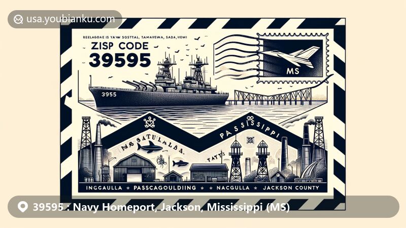 Creative illustration of Pascagoula, Mississippi, characterized by maritime and postal themes with ZIP code 39595, featuring naval connections, Ingalls Shipbuilding, and Mississippi state flag.