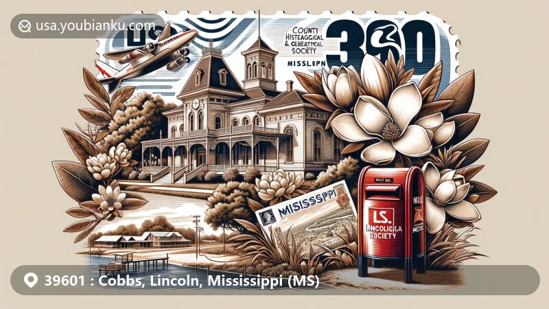 Modern illustration of Cobbs, Lincoln County, Mississippi, highlighting historical and cultural significance with Lincoln County Historical and Genealogical Society Museum, magnolia flowers, and Mississippi River.