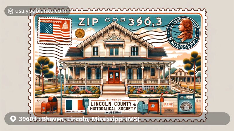 Modern illustration of Bhaven, Lincoln County, Mississippi, featuring the Lincoln County Historical and Genealogical Society Museum, with vintage postal theme and ZIP code 39603, intertwined with symbols of Brookhaven and Mississippi.