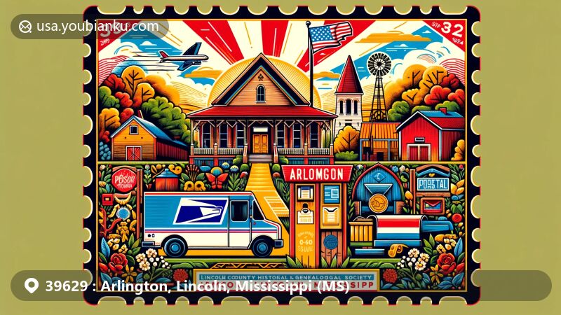 Modern illustration of Arlington, Lincoln County, Mississippi, highlighting ZIP code 39629, featuring Lincoln County Historical and Genealogical Society Museum, rural landscapes, and vintage postal elements.