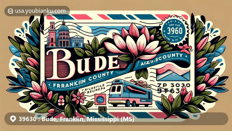Modern illustration of Bude, Franklin County, Mississippi, showcasing postal theme with ZIP code 39630, featuring Magnolia Grandiflora and vintage air mail envelope.