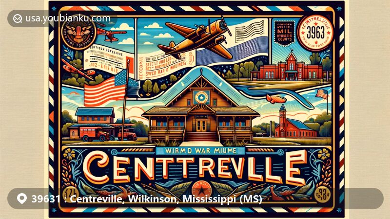 Modern illustration of Centreville, Mississippi, capturing the essence of ZIP code 39631 with Camp Van Dorn World War 2 Museum as the focal point, complemented by regional landscapes and symbolic elements of Wilkinson and Amite counties.