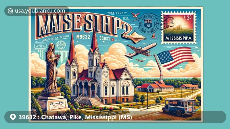 Modern illustration of Chatawa, Pike County, Mississippi, showcasing postal theme with ZIP code 39632, featuring Shrine of Our Lady of Hope, St. Mary of the Pines, and Mississippi landscapes.