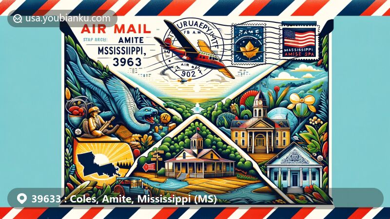 Modern illustration of Coles, Amite County, Mississippi, showcasing a conceptual airmail envelope design revealing a stylized map of Amite County with a pinpoint on Coles. Features include the oldest courthouse in Mississippi, dense forests, agricultural lands, and the Amite River. Postal elements like a vintage stamp, state flag, postal mark 'February 16, 2024,' and ZIP code '39633.' Vibrant colors and creativity enhance the heritage depiction.