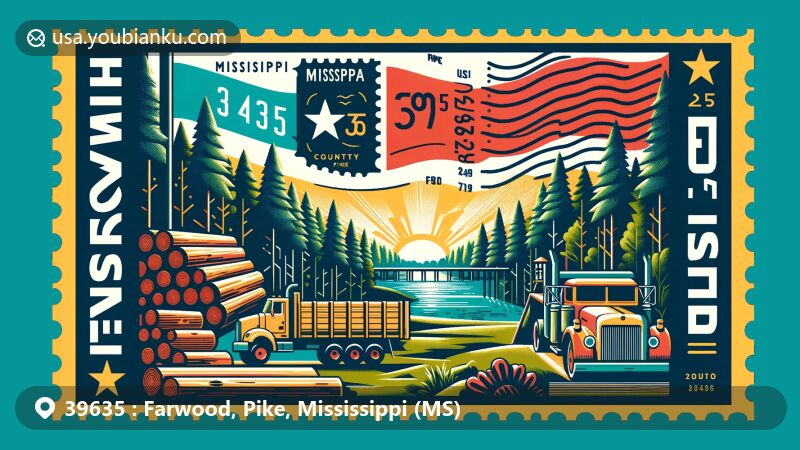 Modern illustration of Fernwood, Pike County, Mississippi, representing ZIP code 39635, integrating state flag, lumber industry, postal elements, and geographical coordinates.