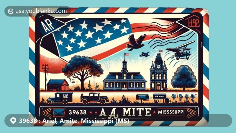 Modern illustration of Ariel, Amite County, Mississippi, capturing the essence of postal theme with ZIP code 39638, featuring Mississippi state flag, Amite County silhouette, natural symbols, and postal motifs.