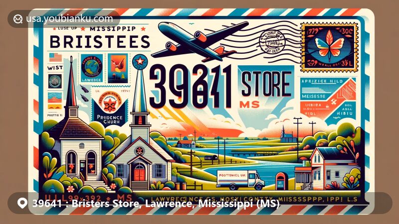 Modern illustration of Brister Store, Lawrence County, Mississippi, featuring airmail envelope with ZIP code 39641, stamps, postmark, mail truck, and mailbox, set against backdrop of Providence Church and Hope Hill.