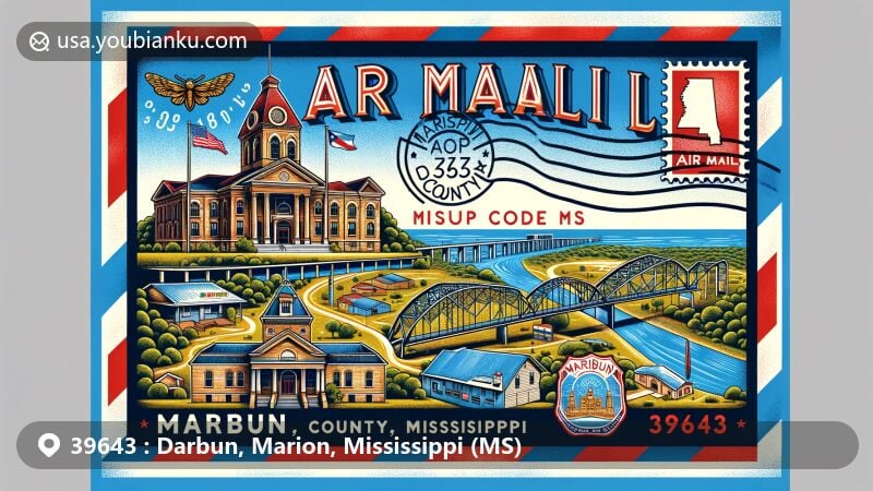 Modern illustration of Darbun, Marion County, Mississippi, capturing postal theme with ZIP code 39643, featuring Marion County Courthouse and Jail, Natchez Trace Parkway, and Biloxi Bay Bridge.