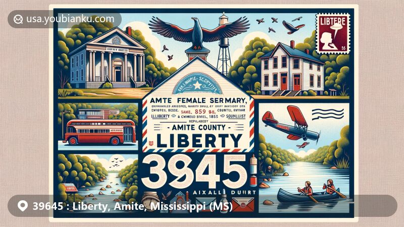 Modern illustration of Liberty, Amite County, Mississippi, with ZIP code 39645, featuring key elements like the 'Little Red Schoolhouse' and Liberty Rexall Drug Store, highlighting town's education and commerce. Illustration showcases outdoor activities like birding, canoeing, tubing, and kayaking, emphasizing natural beauty and recreational opportunities in Amite County.