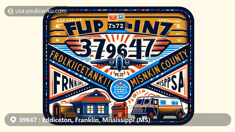 Creative illustration of Eddiceton, Franklin County, Mississippi, featuring ZIP code 39647 in a postal theme with Mississippi state flag and vintage postal elements, in a modern and vibrant style.