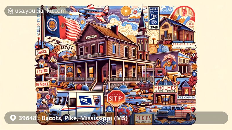Modern illustration of Bacots, Pike County, Mississippi, showcasing local culture and postal theme with ZIP code 39648, featuring McComb Downtown Historic District, Holmes House, and Mississippi state flag.