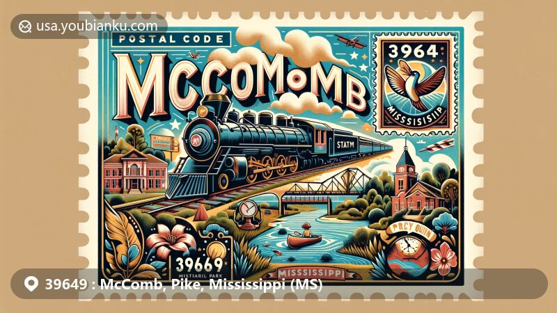 Modern illustration of McComb, Mississippi, celebrating ZIP code 39649 with vibrant details of historical and cultural landmarks like steam locomotive, Percy Quinn State Park, and Bogue Chitto Water Park, set in a postal theme showcasing state symbols and natural landscapes.