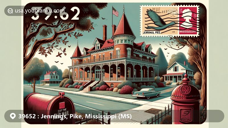 Modern illustration of Southtown Historic District in Magnolia, Jennings, Pike, Mississippi, highlighting ZIP code 39652, featuring Queen Anne mansions, red brick courthouse, and tree-lined streets.