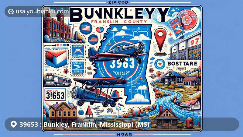 Modern illustration of Bunkley, Franklin County, Mississippi, featuring ZIP code 39653, showcasing the area's geography, postal elements, and Mississippi symbols.