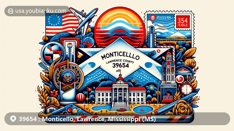 Modern illustration of Monticello, Lawrence County, Mississippi, featuring postal theme with ZIP code 39654, showcasing county outline, local flora/fauna symbols, iconic landmarks, and stylized depiction of Mississippi state flag.