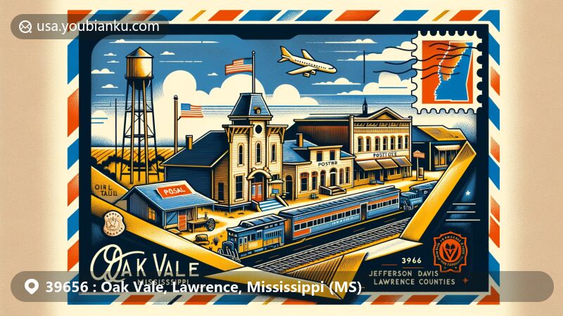 Modern illustration of Oak Vale, Mississippi, highlighting postal theme with ZIP code 39656, featuring symbols like the Illinois Central Railroad, a general store, and a post office, paying homage to its past and incorporating references to Mississippi state flag and Jefferson Davis County's history.