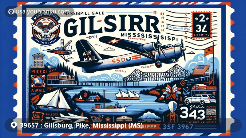 Modern illustration of Gillsburg, Mississippi area with ZIP code 39657, showcasing postal theme with air mail envelope, featuring Pike County map outline, Biloxi Bay Bridge, Natchez Trace Parkway, and Lynyrd Skynyrd plane crash site.