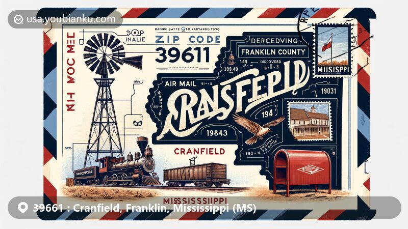 Vintage air mail envelope-inspired illustration of Cranfield and Roxie in Franklin County, Mississippi, featuring Mississippi state flag, oil derrick, vintage train, postal elements, and ZIP code 39661.