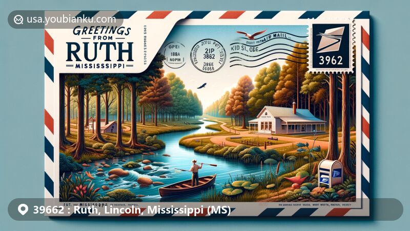Modern illustration of Ruth, Mississippi, showcasing postal theme with ZIP code 39662, featuring natural beauty, rolling woods, creeks, fishing, woodland walks, quaint post office, and Mississippi rural landscape.