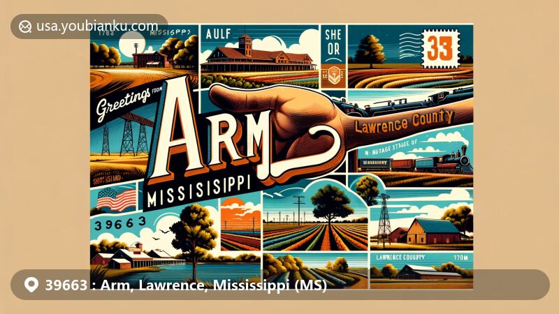 Modern postcard illustration of Arm, Lawrence County, Mississippi, showcasing the Gulf and Ship Island Railroad, natural farming landscape, vintage design with postal elements like postmark, Mississippi stamp, and ZIP code 39663.
