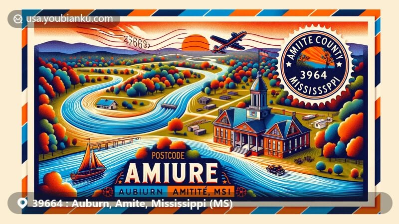 Modern illustration featuring postal theme for ZIP code 39664, Auburn, Amite, Mississippi, showcasing Amite River, Liberty courthouse, Homochitto National Forest, vintage stamp, postal mark, and red postal truck.