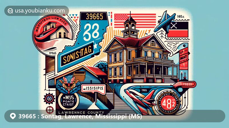 Modern illustration of Sontag, Lawrence County, Mississippi, featuring Johnson-White House, Lawrence County map outline, Mississippi state flag, and postal elements with ZIP code 39665.