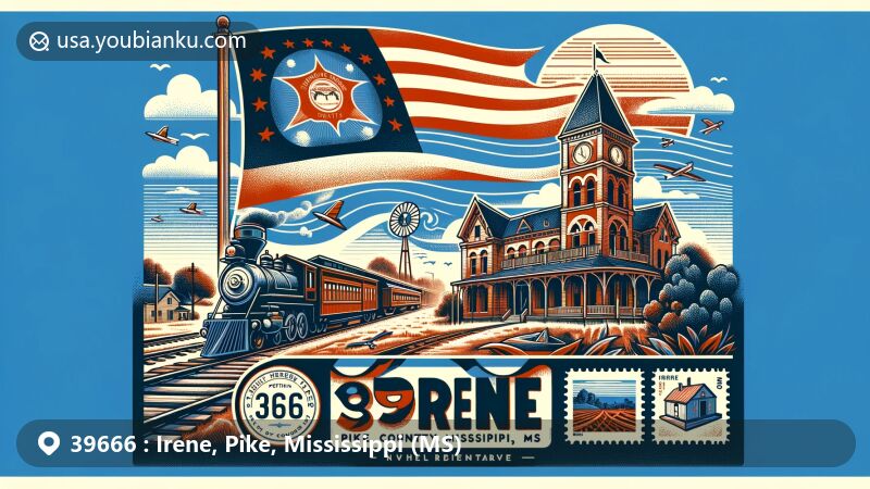 Contemporary illustration of Irene area, Pike County, Mississippi, featuring Summit's railroad history and local pride, with postal theme including ZIP code 39666, and landmarks like William Frederick Holmes House. Vibrant design with pine trees and airmail motifs.