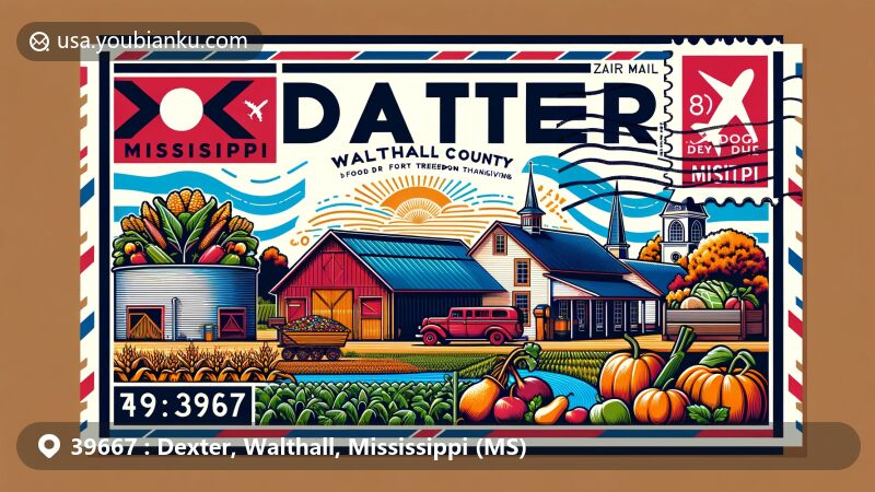 Modern illustration of Tylertown, Walthall County, Mississippi, showcasing agricultural success and community spirit with a barn filled with harvest produce, symbolizing the historical 'Food for Freedom Thanksgiving' event during WWII, including the Mississippi state flag.