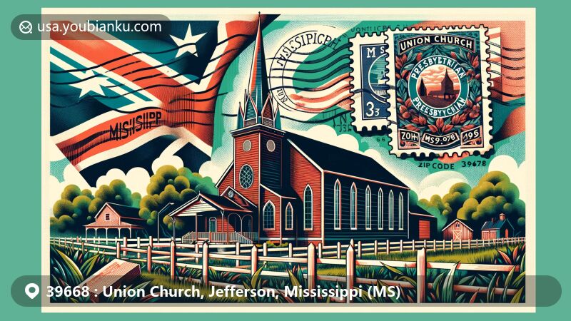 Modern illustration of Union Church, Mississippi, emphasizing postal theme with ZIP code 39668, featuring Union Church Presbyterian Church and Scottish heritage.