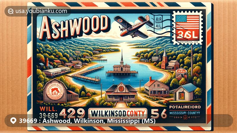 Modern illustration of Ashwood and Woodville, Wilkinson County, Mississippi, highlighting postal theme with ZIP code 39669, featuring Lake Mary, Woodville landmarks, and Mississippi state flag.