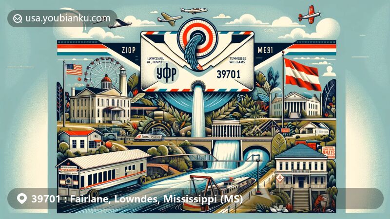 Modern illustration of Fairlane, Lowndes County, Mississippi, showcasing postal theme with ZIP code 39701, featuring iconic landmarks like Tennessee Williams House Museum, Riverwalk & Trail, and historic downtown Columbus.